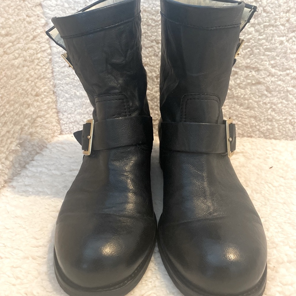Jimmy Choo black leather mid calf moto boots.
